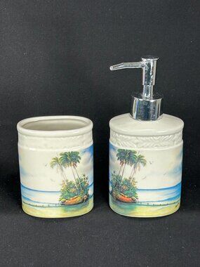 Arte en Casa colorful vintage porcelain tooth brush holder & soap dispenser
